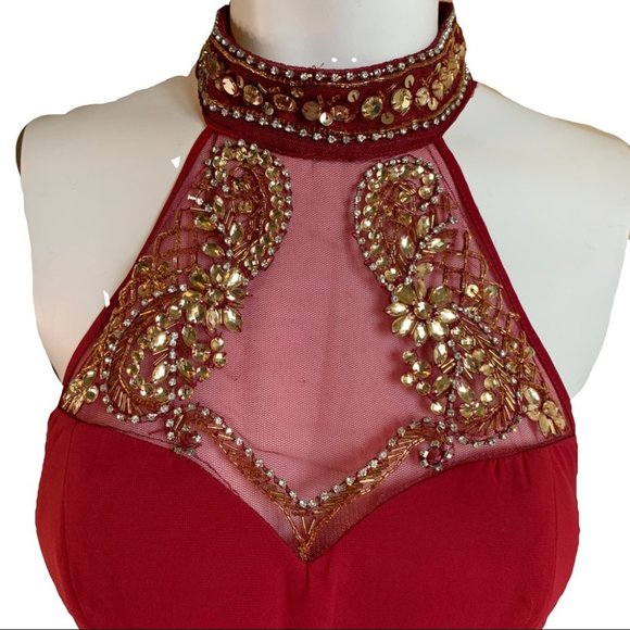 B. DARLIN Junior Chiffon Burgundy Red Halter Jeweled Skater Party Dress Size 1/2 - Picture 2 of 8